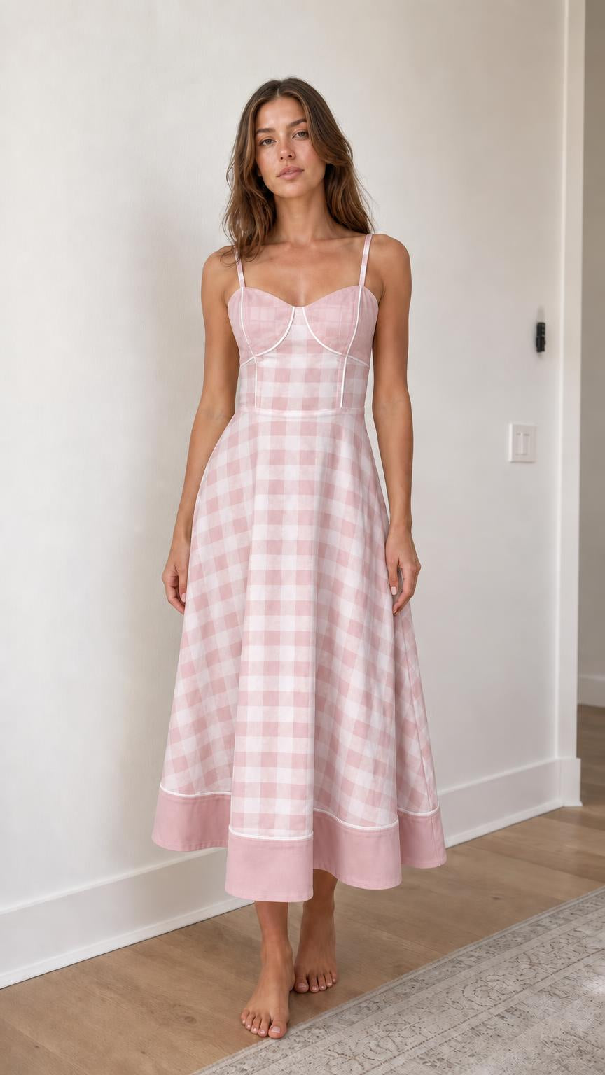 Woman wearing pink gingham midi sundress