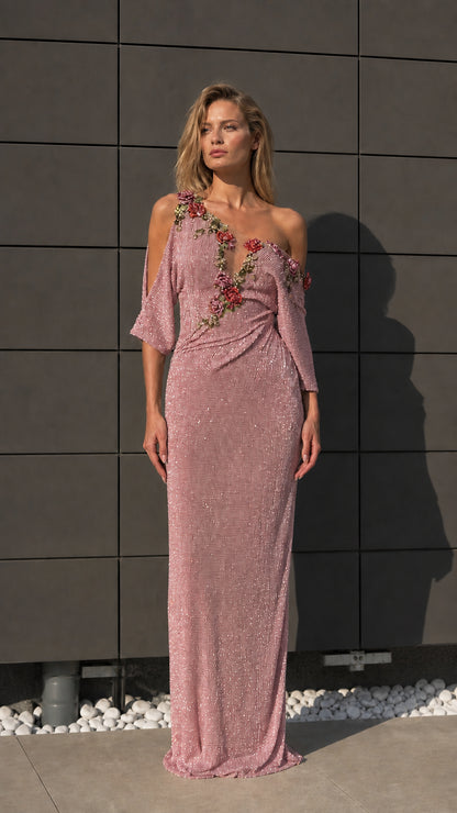 Front view of pink one-shoulder beaded evening dress