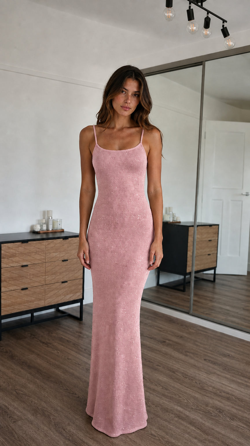 Front view of model wearing pink sparkle knit maxi dress