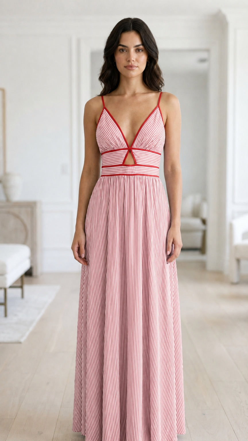Front view of pink striped maxi dress variant