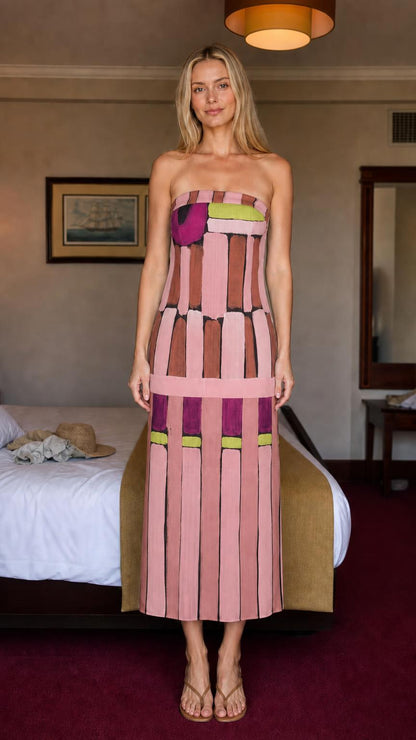 Front view of pink variation strapless maxi dress