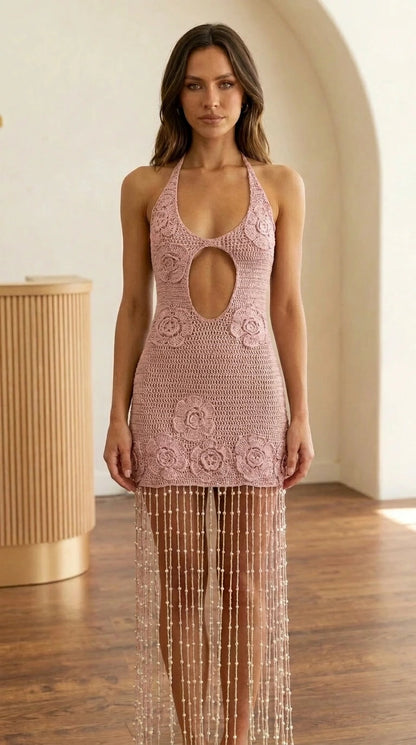 Halter Neck Crochet Beaded Fringe Mini Dress in pink