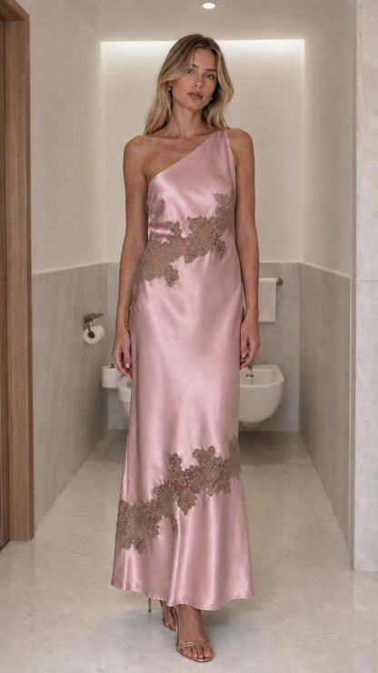 Model wearing pink one-shoulder satin lace maxi dress
