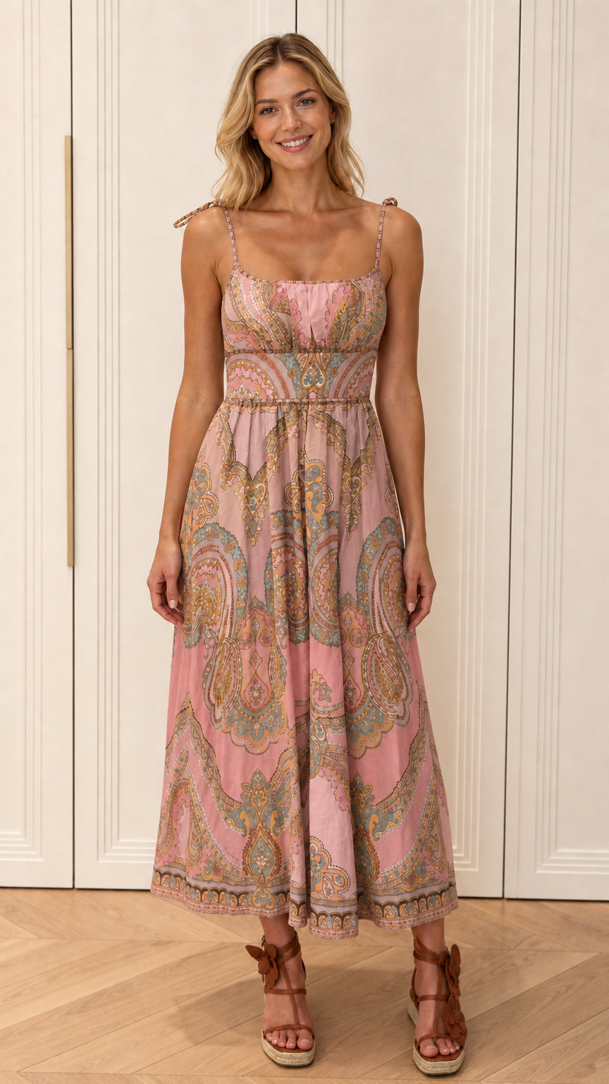 Model wearing pink color variant of paisley midi dress