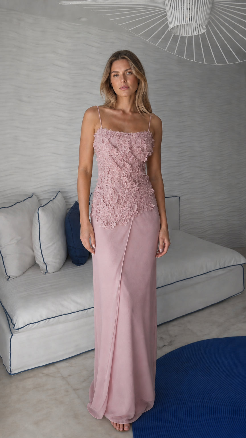 Front view of pink floral applique maxi dress