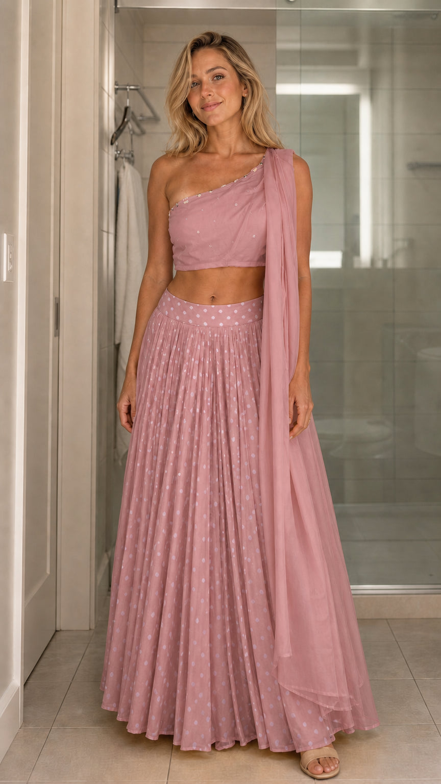 Front view of model wearing pink two-piece set