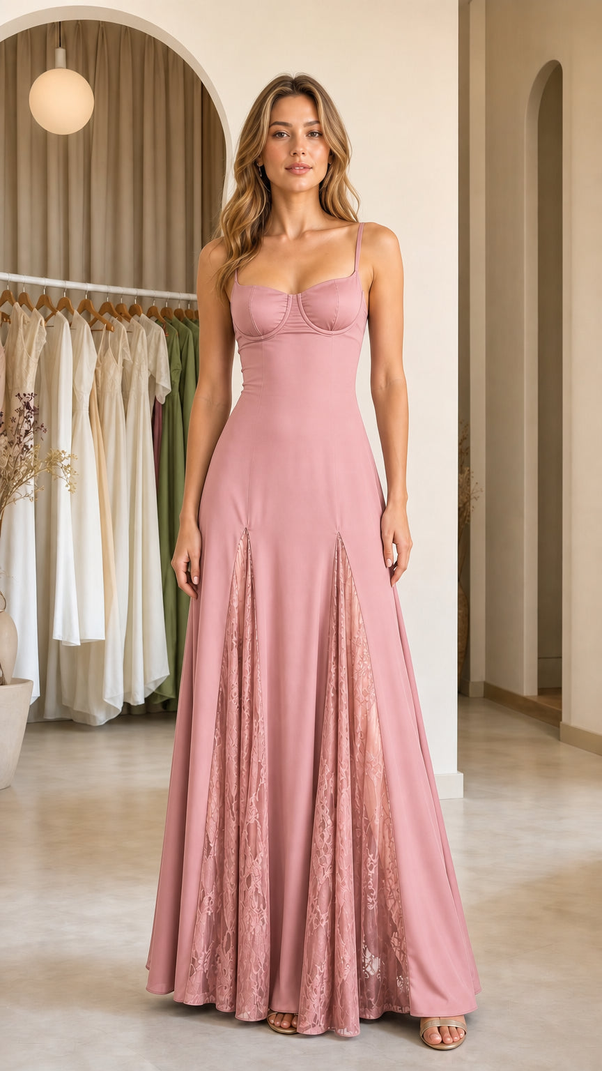 Front view of pink evening gown