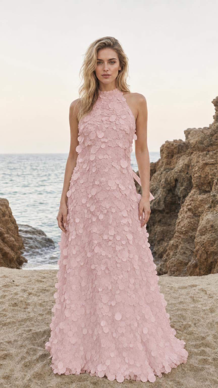 Front view of Pink halter neck 3D floral applique maxi dress
