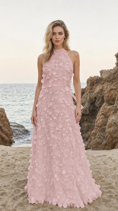 Front view of Pink halter neck 3D floral applique maxi dress
