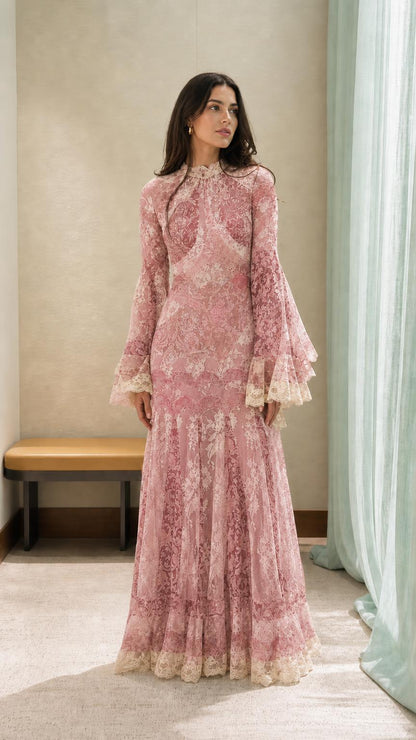 Model wearing the vintage lace maxi dress in pink color variant