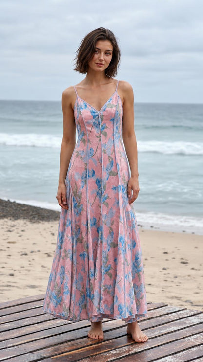 Front view of the blush pink floral maxi slip dress