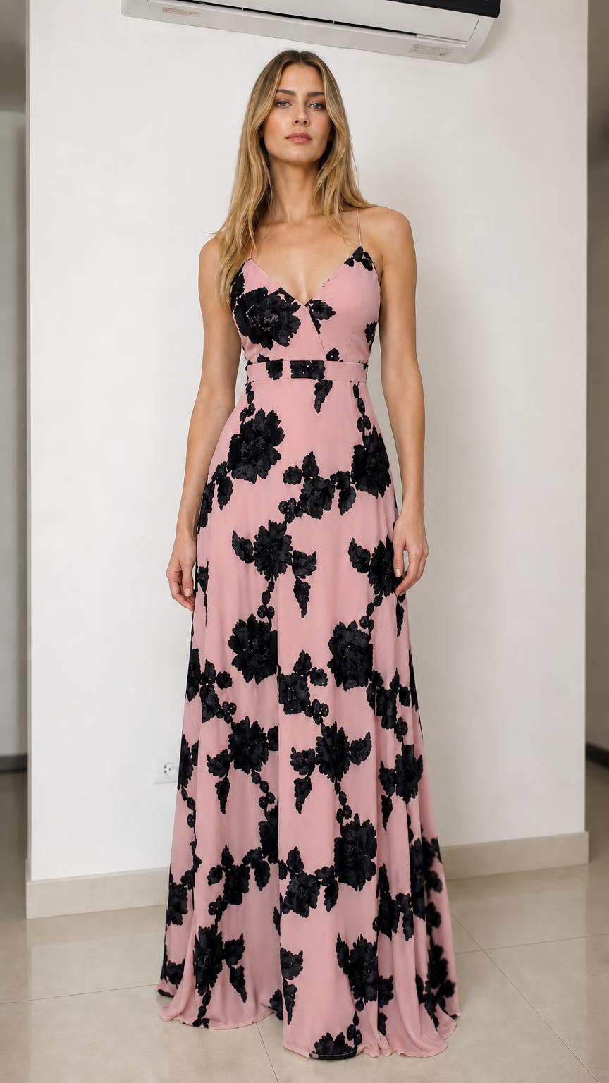 Front view of pink floral applique maxi dress