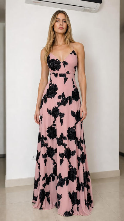Front view of pink floral applique maxi dress