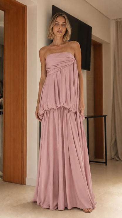 Elegance Strapless Draped Maxi Dress in dusty pink