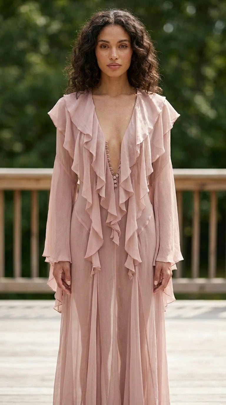 Model wearing dusty pink ruffle maxi dress