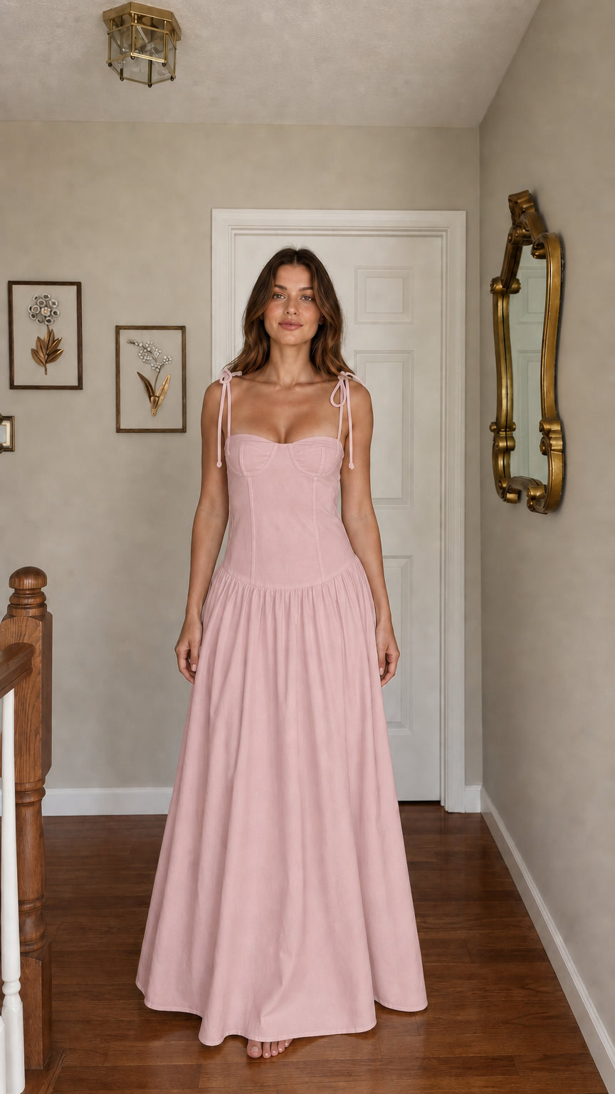 Front view of woman wearing pink tie-strap corset maxi dress