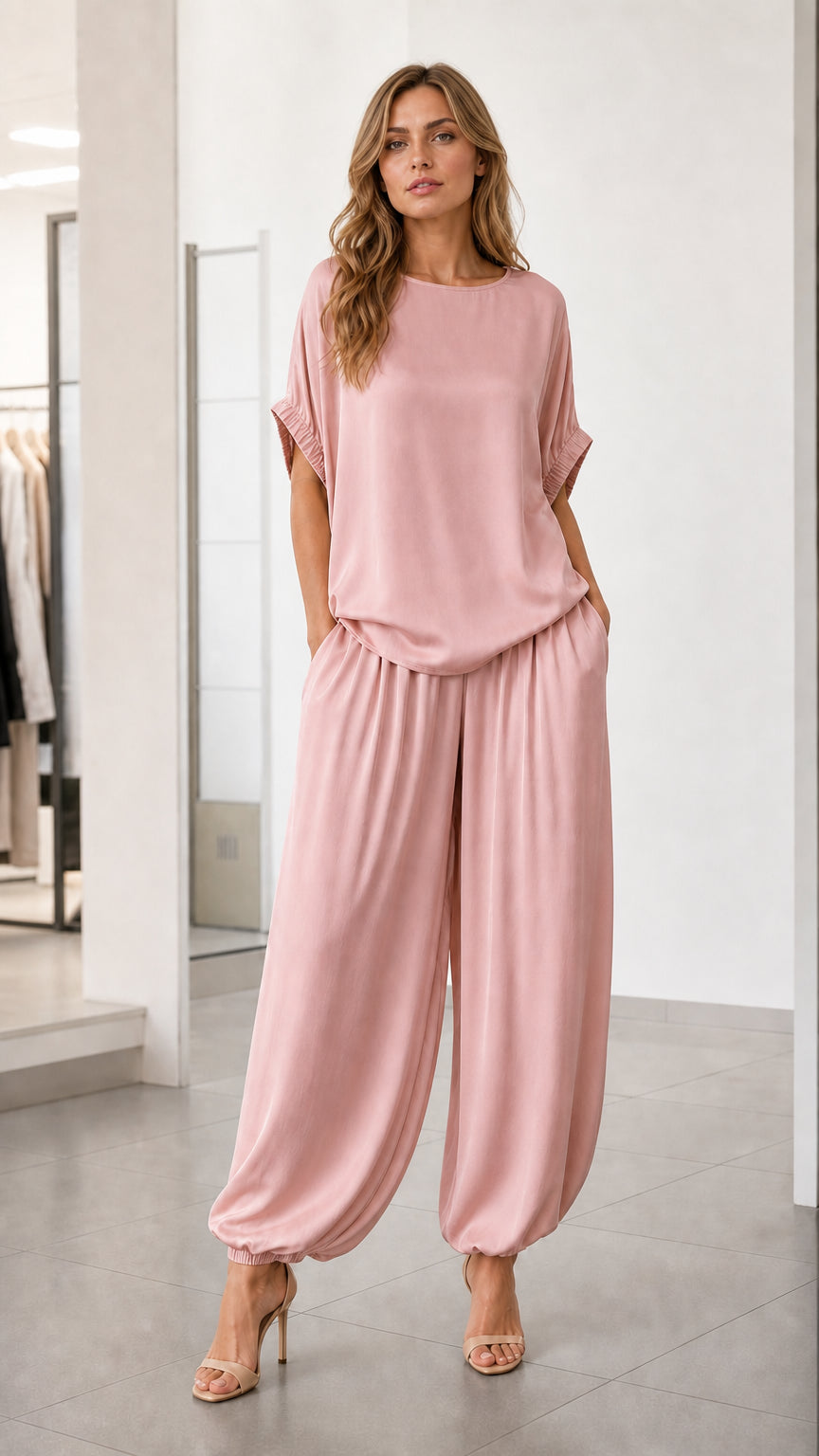 Front view of model wearing pink two-piece lounge set