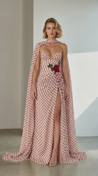 Front view of Pink Polka Dot Embellished Cape Evening Gown