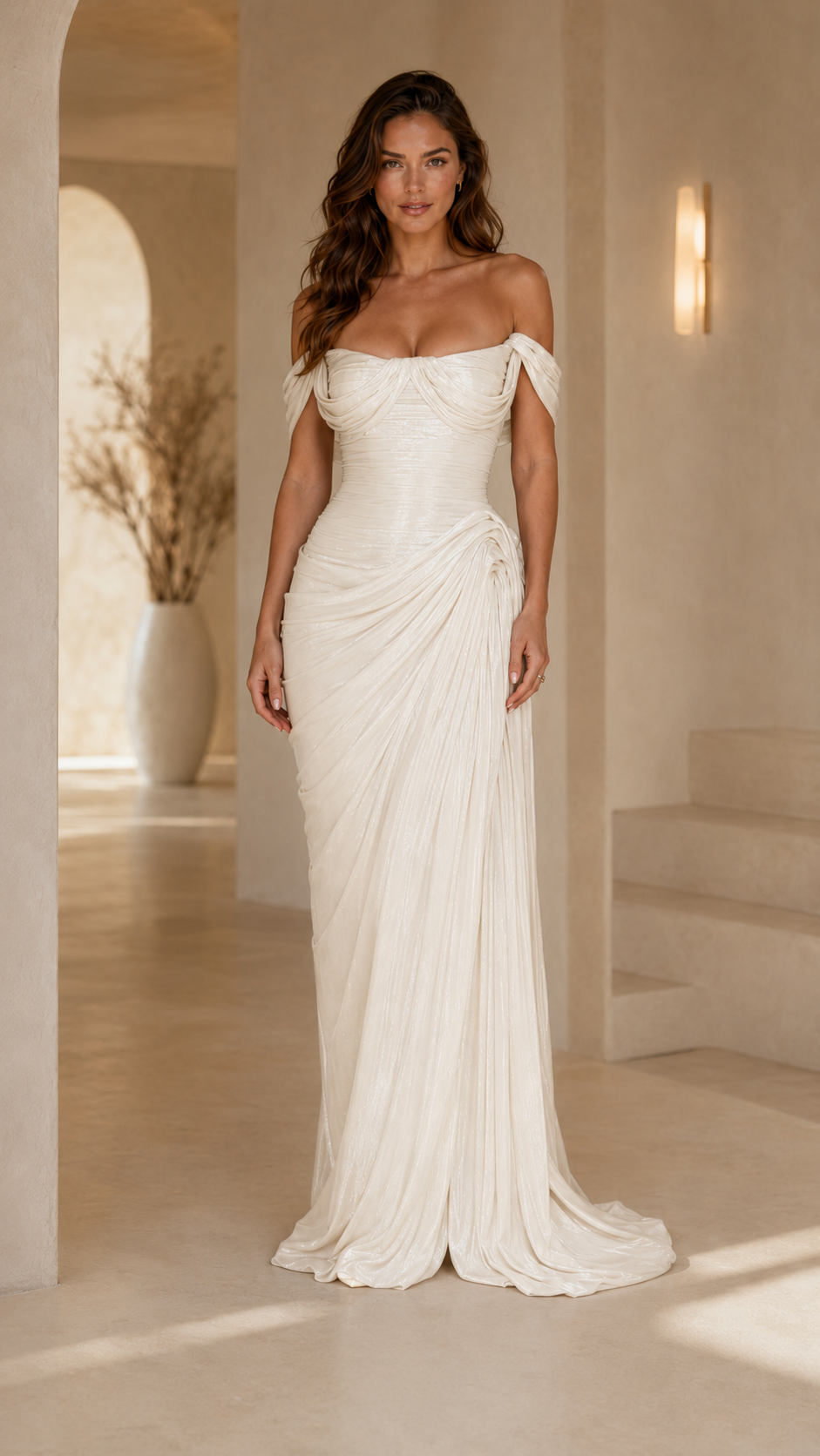 White off-shoulder ruched maxi evening dress front view