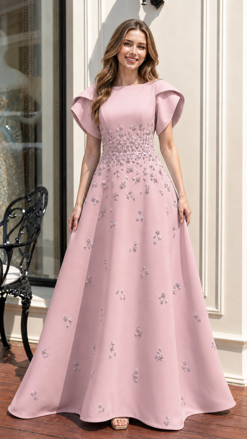Front view of pink evening gown