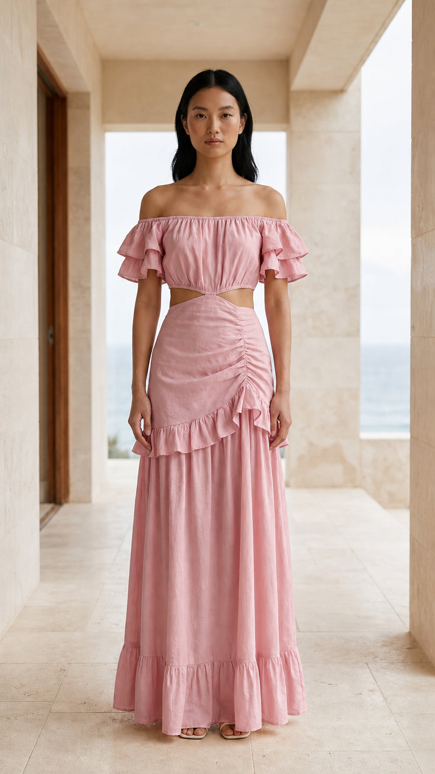 Front view of pink off-shoulder cutout maxi dress