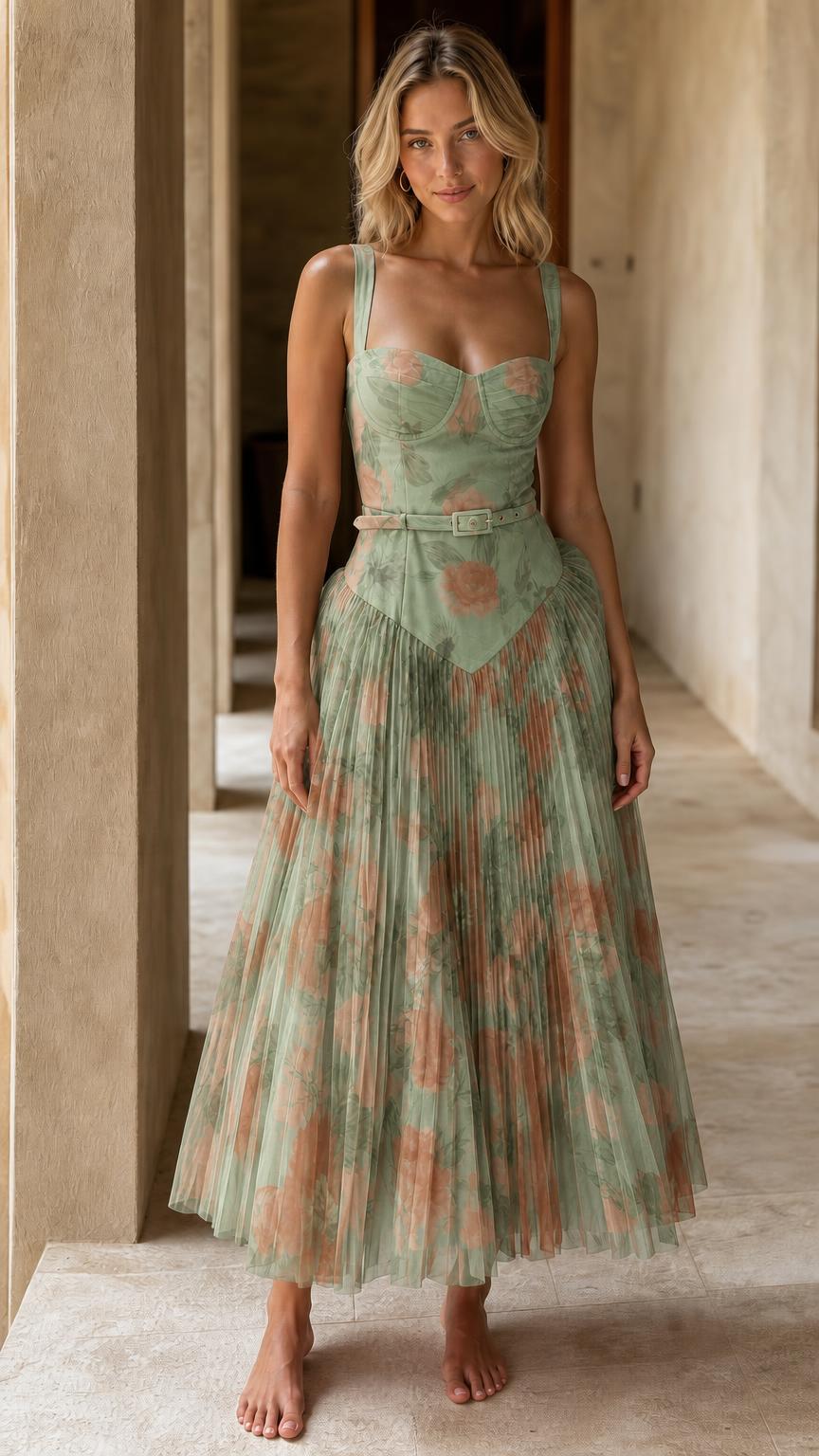 Front view of sage green floral pleated midi dress