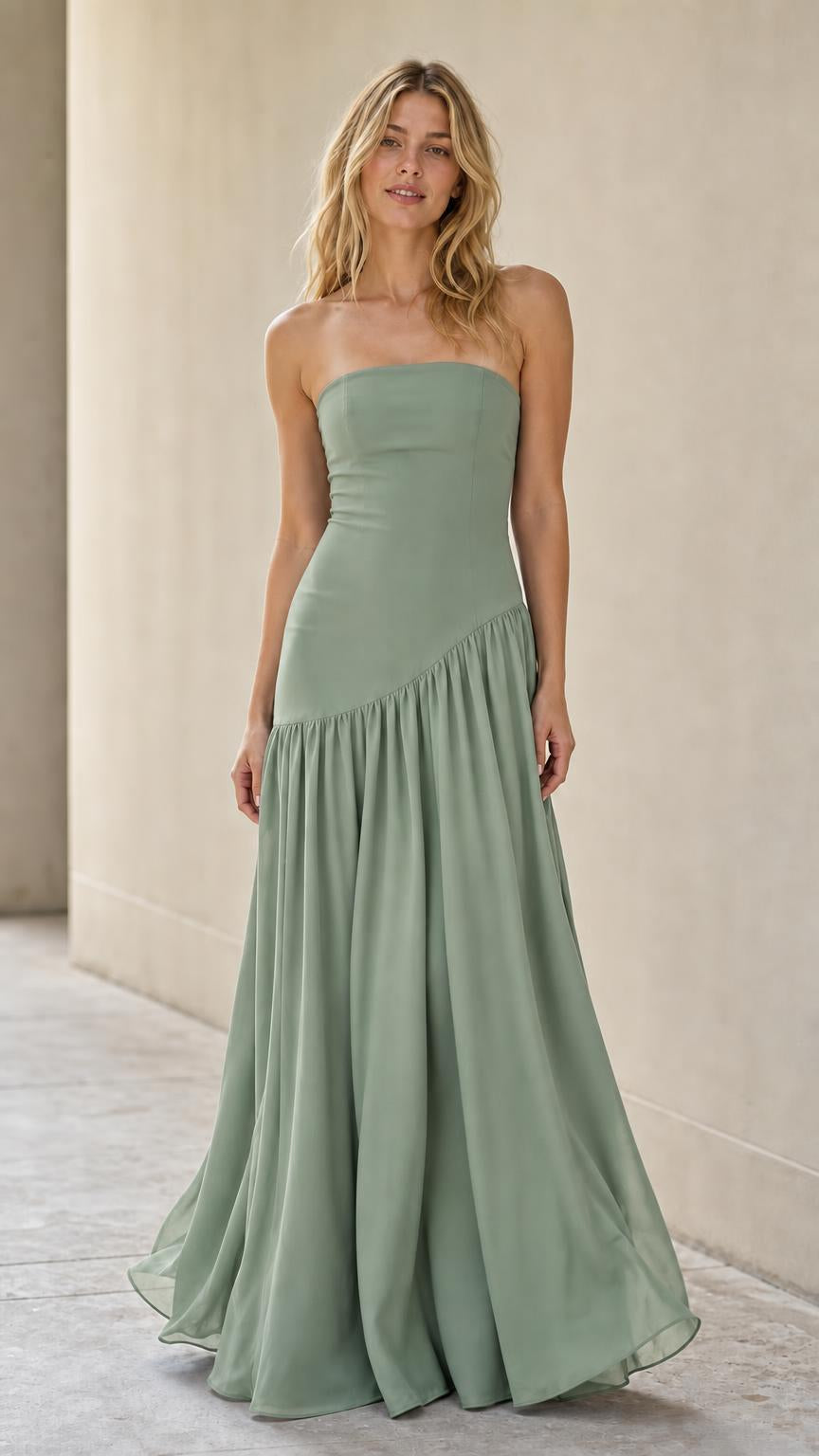 Full length view of model in sage green formal gown
