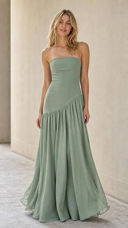 Full length view of model in sage green formal gown