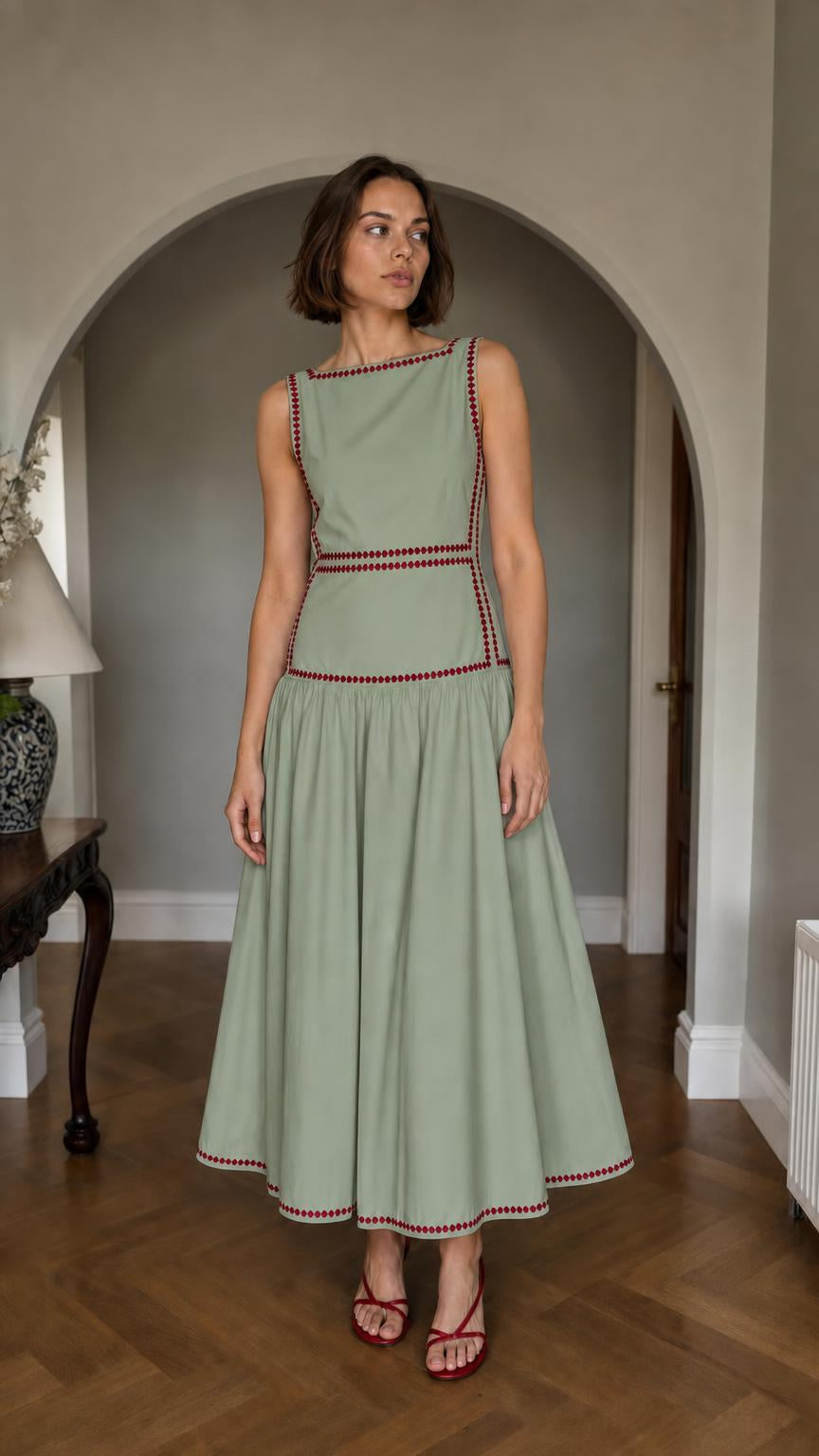 Front view of Green embroidered sleeveless midi dress