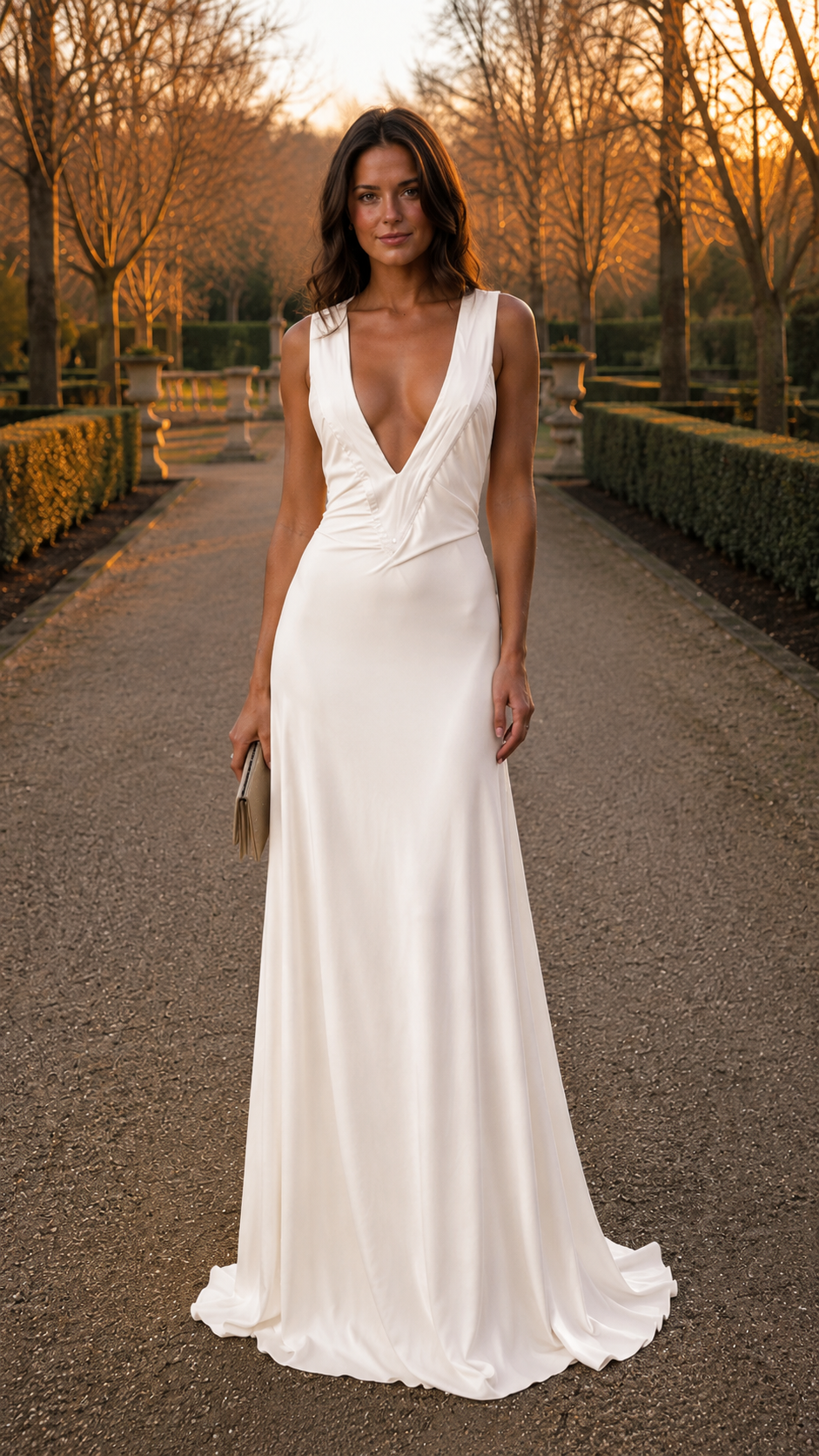 Woman wearing white elegant maxi dress with deep neckline