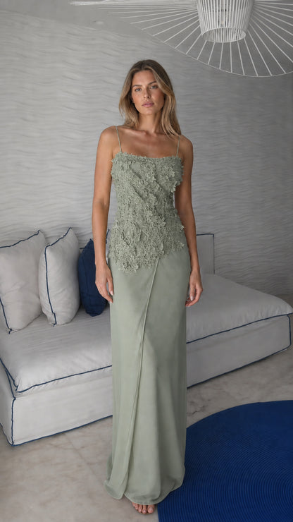 Front view of sage green floral applique maxi dress
