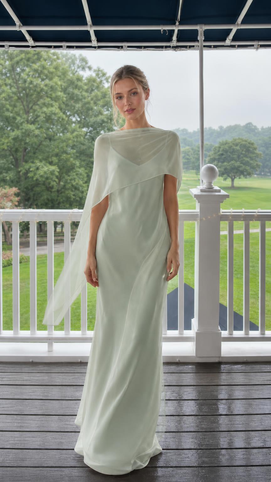 Elegance Flowing Cape Overlay Maxi Evening Dress in Sage