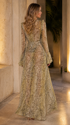 Back view of model in snake print long sleeve maxi dress
