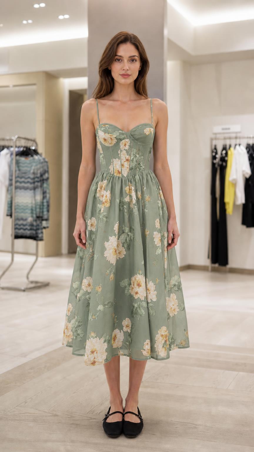 Front view of sage green floral corset midi dress