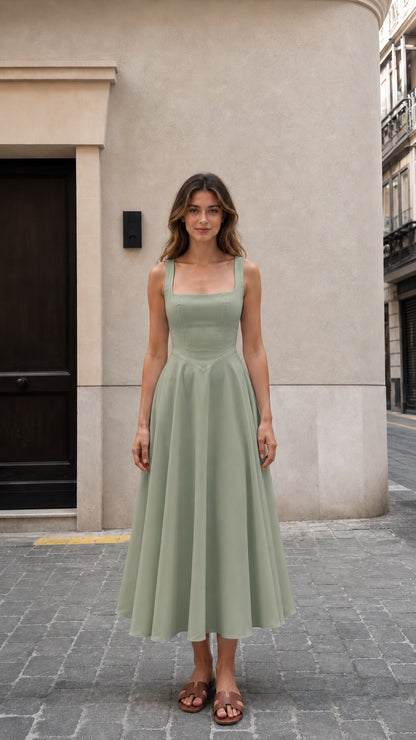 Front view of woman wearing sage green square neck midi dress