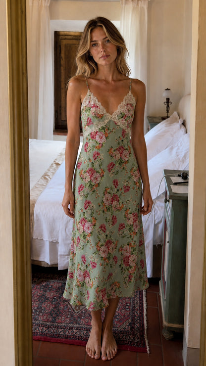 Front view of woman wearing Sage Green floral lace trim cami midi slip dress