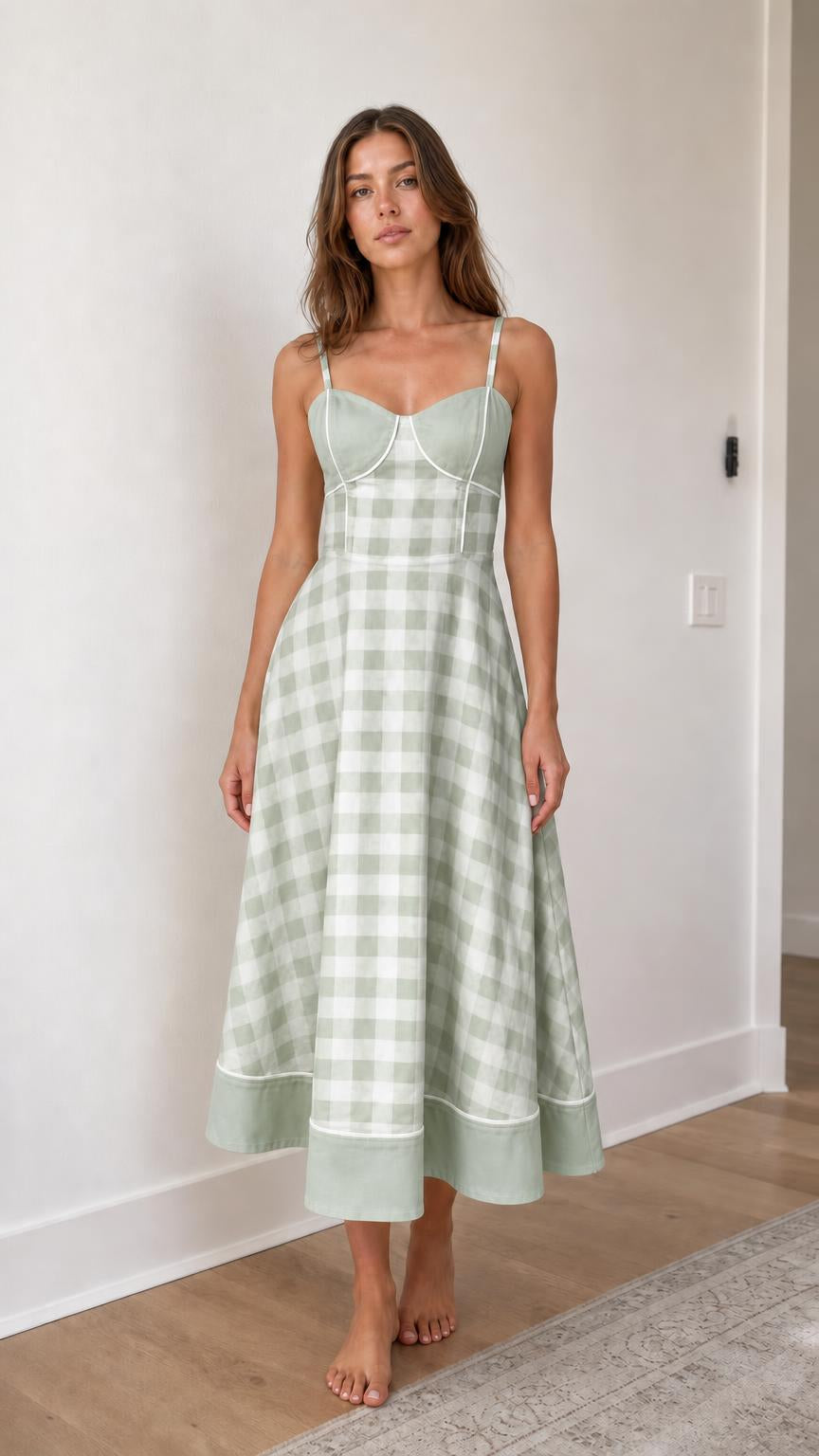 Woman wearing green gingham midi sundress