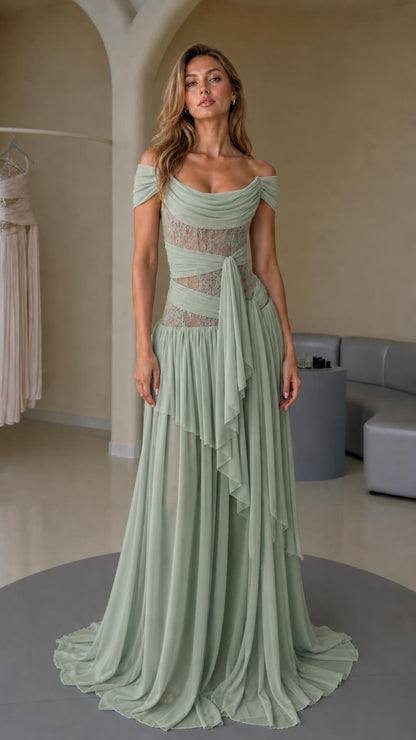 Front view of sage green off-shoulder dress
