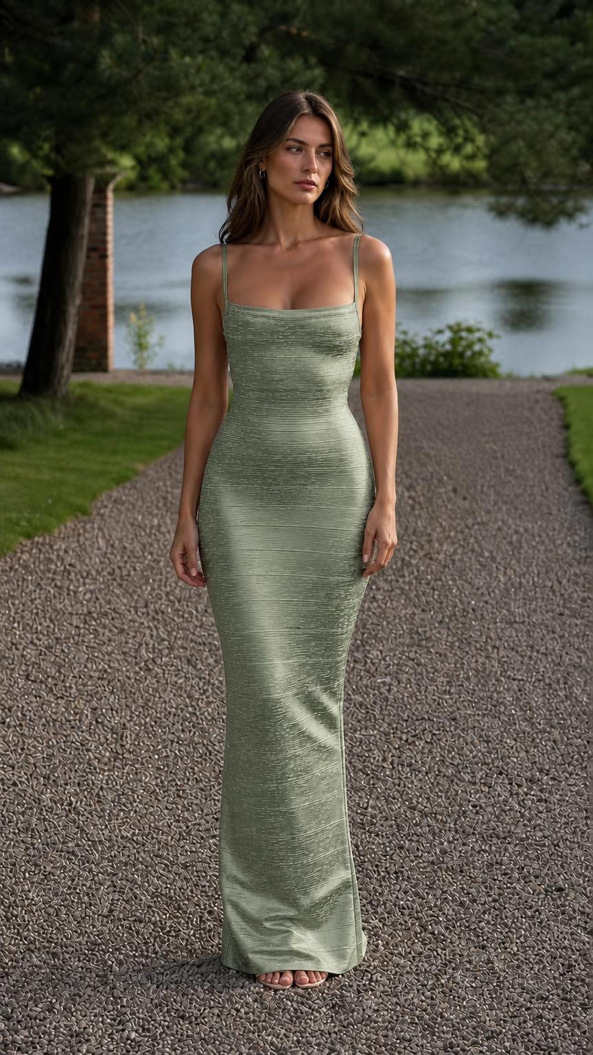 Model wearing sage green textured bodycon maxi dress