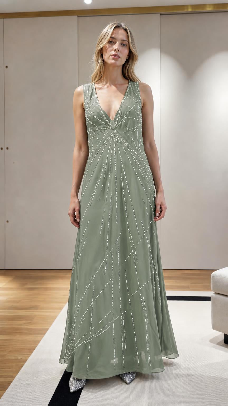 Model wearing Sage Green Beaded V-Neck Maxi Evening Dress
