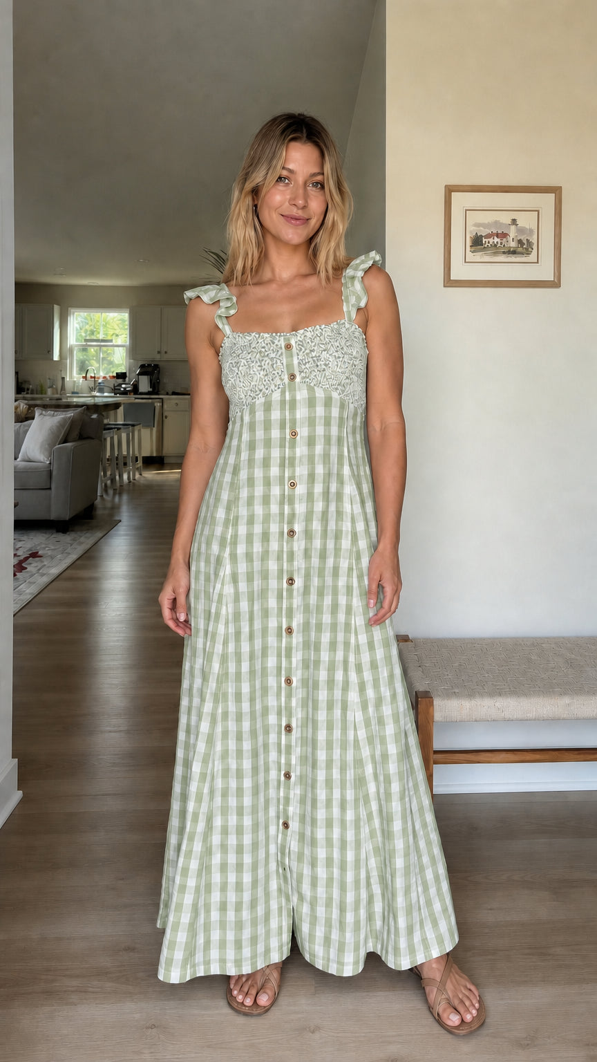 Woman wearing sage green gingham maxi dress