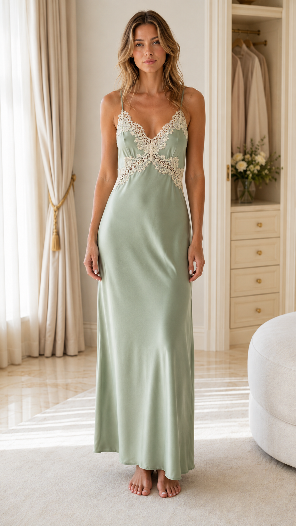 Model wearing sage green satin maxi slip dress from front