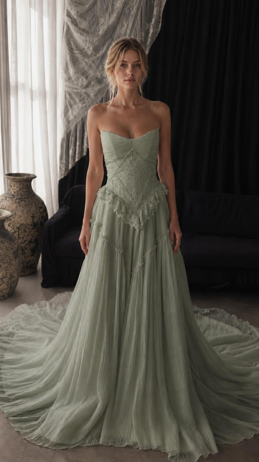 Front view of sage green strapless lace corset tulle evening gown