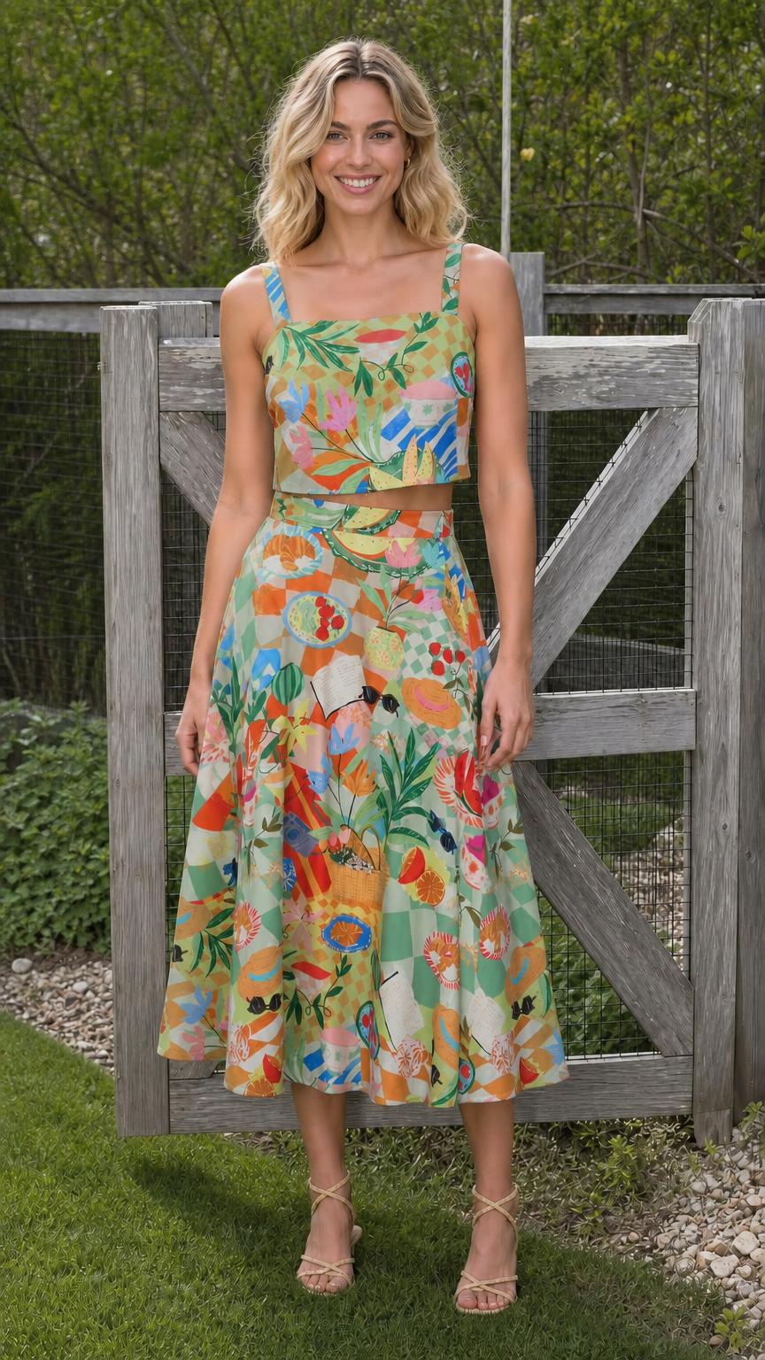 Model wearing green-based printed two-piece outfit