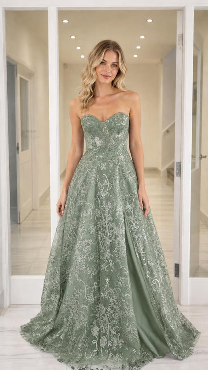 Front view of the sage green sequin evening gown