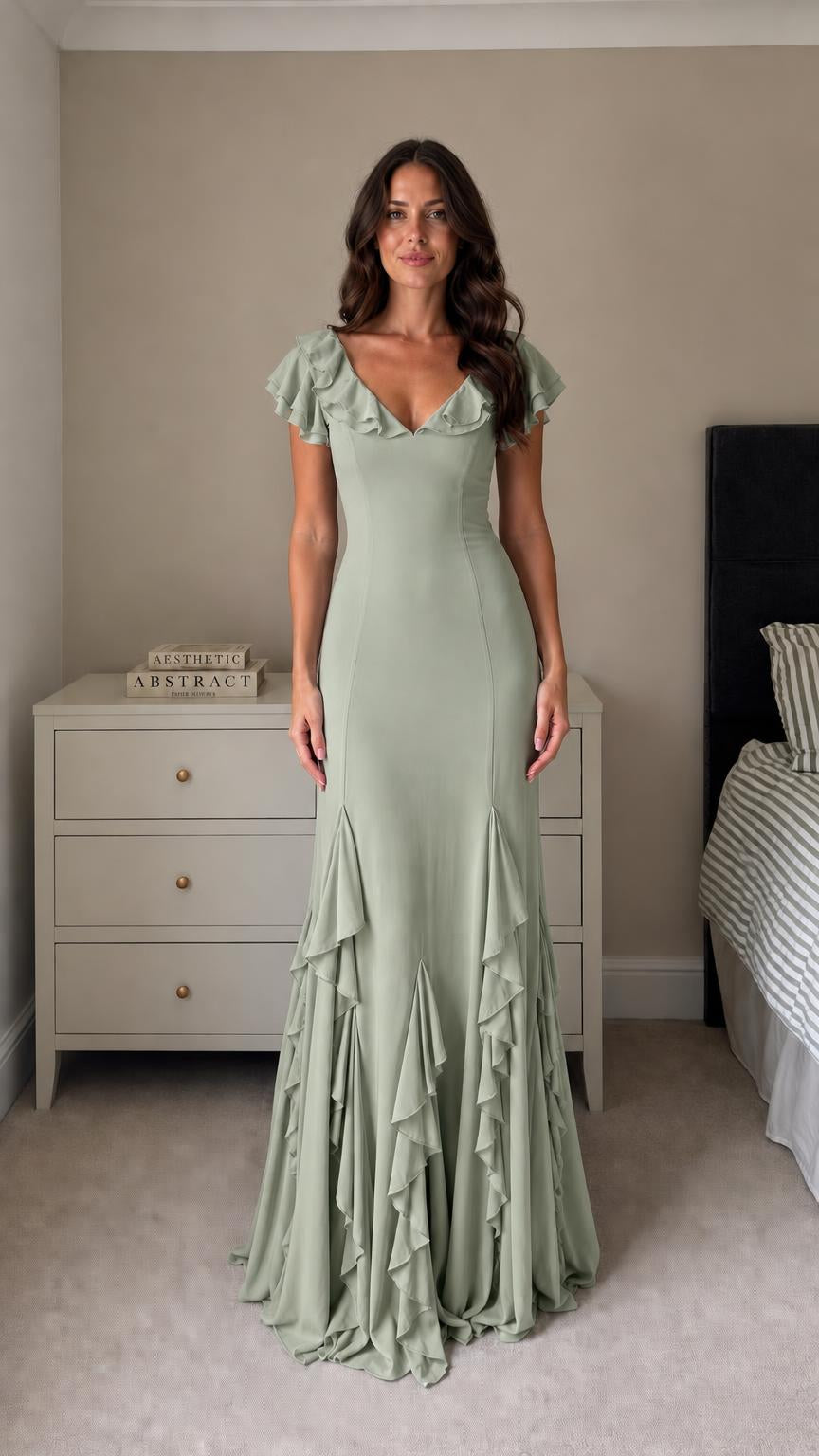Front view of model wearing Sage Green elegant gown