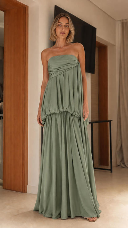 Elegance Strapless Draped Maxi Dress in sage green