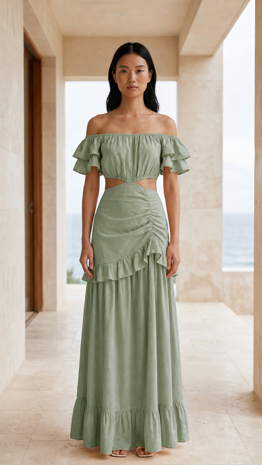Front view of sage green off-shoulder cutout maxi dress