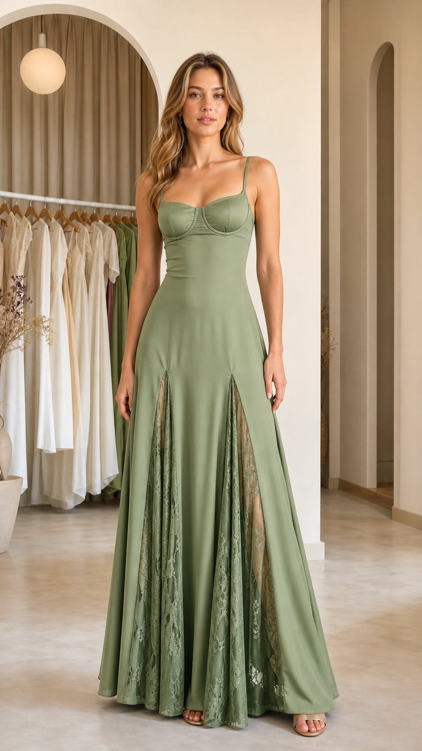 Front view of sage green evening gown