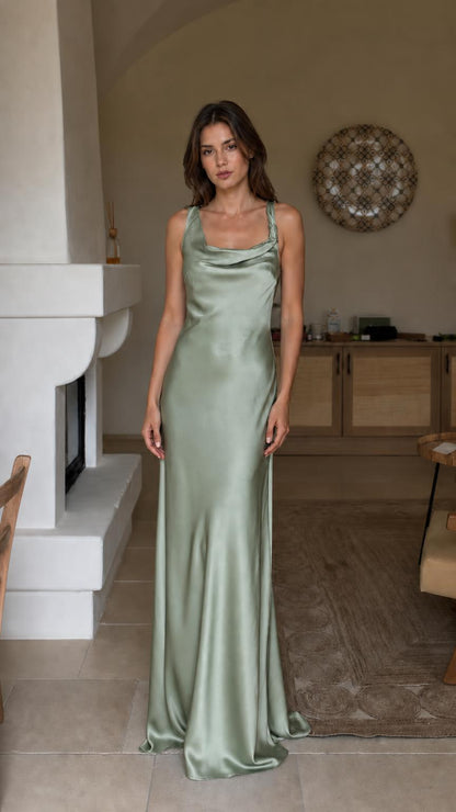 Front view of sage green satin cowl neck maxi dress